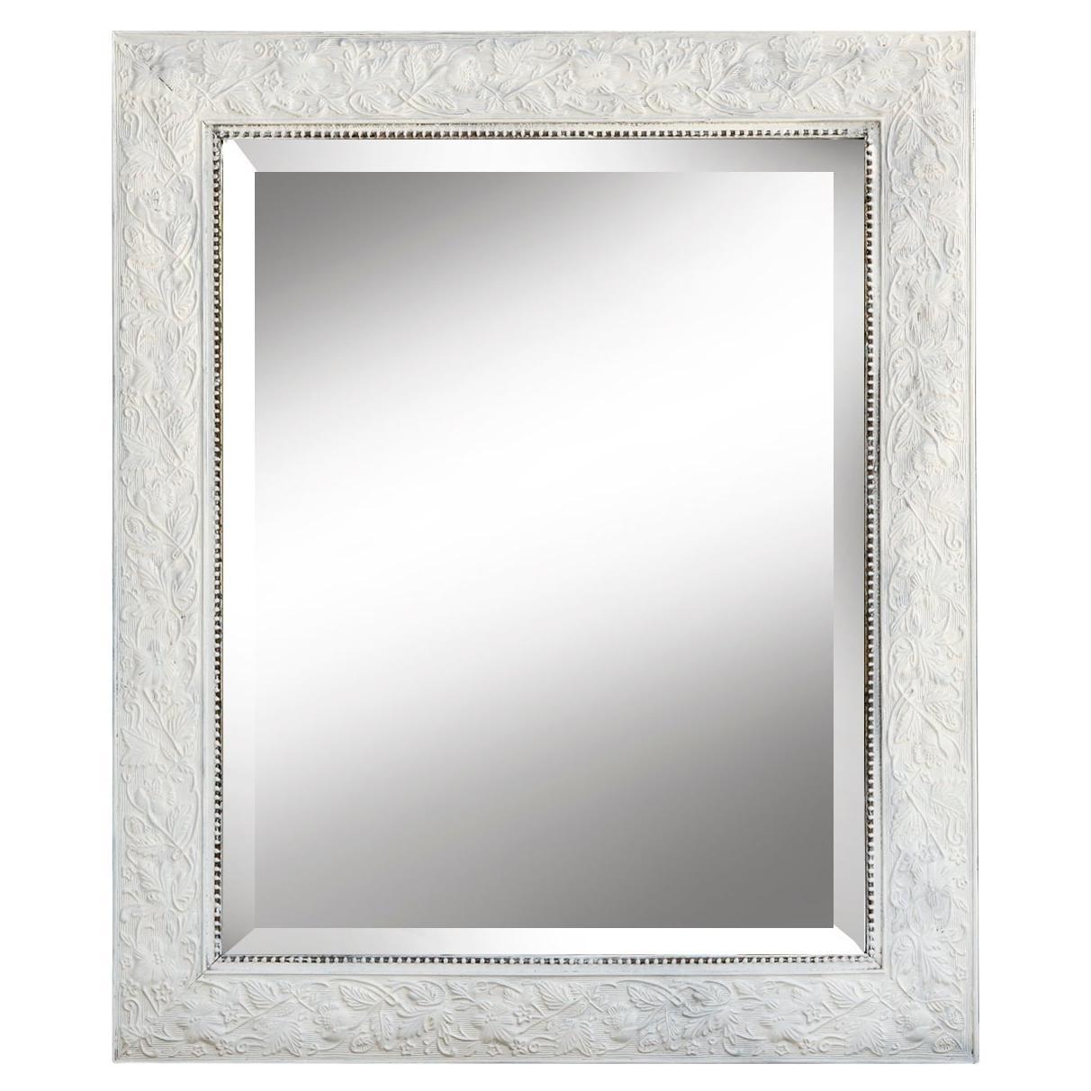 Flat Framed Beveled Mirror with Leaf Motif 
Beaded Edge For Sale