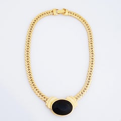 Flat Gold Chain Choker Necklace With Black Resin Cabochon By Napier, 1980s