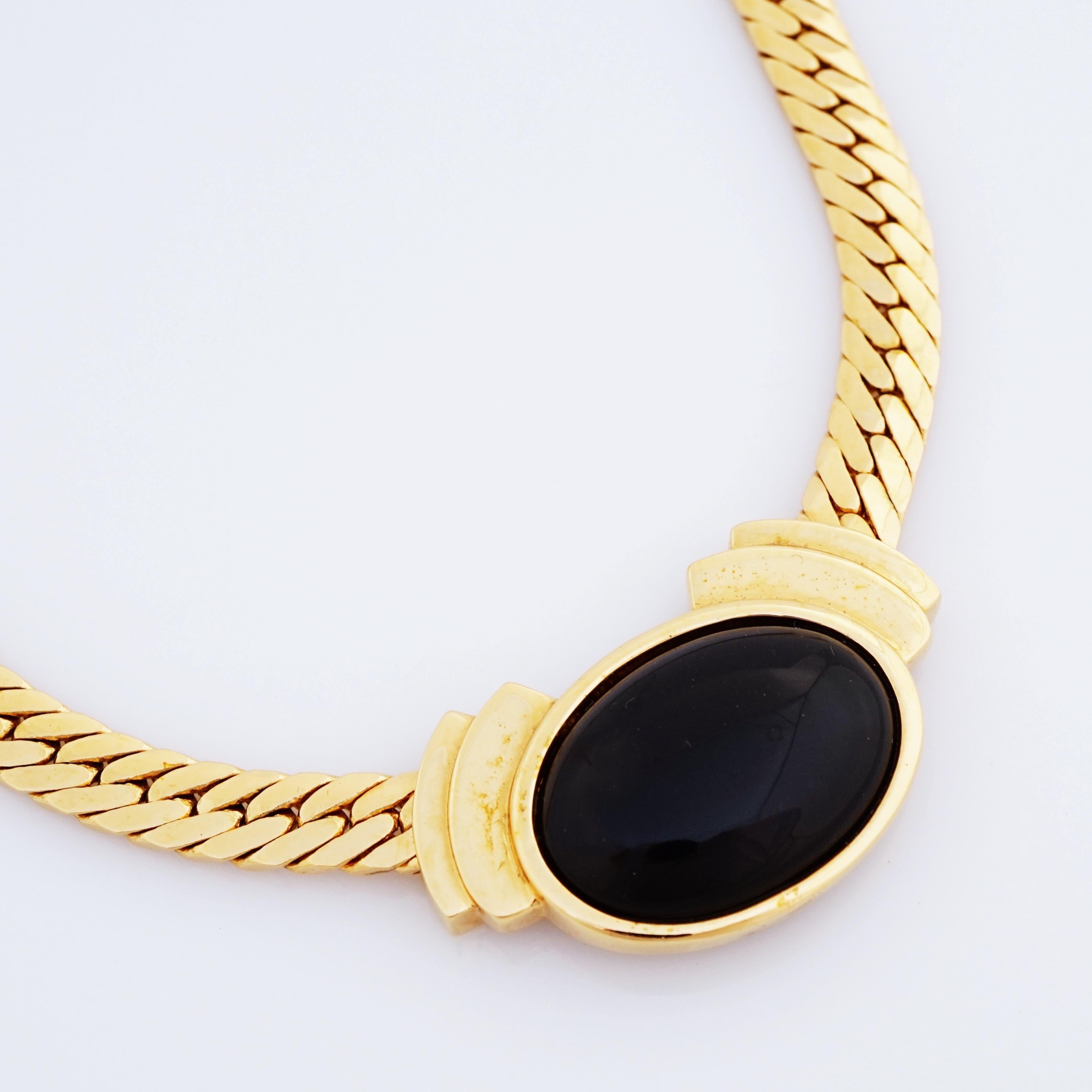 Modern Flat Gold Chain Choker Necklace With Black Resin Cabochon By Napier, 1980s
