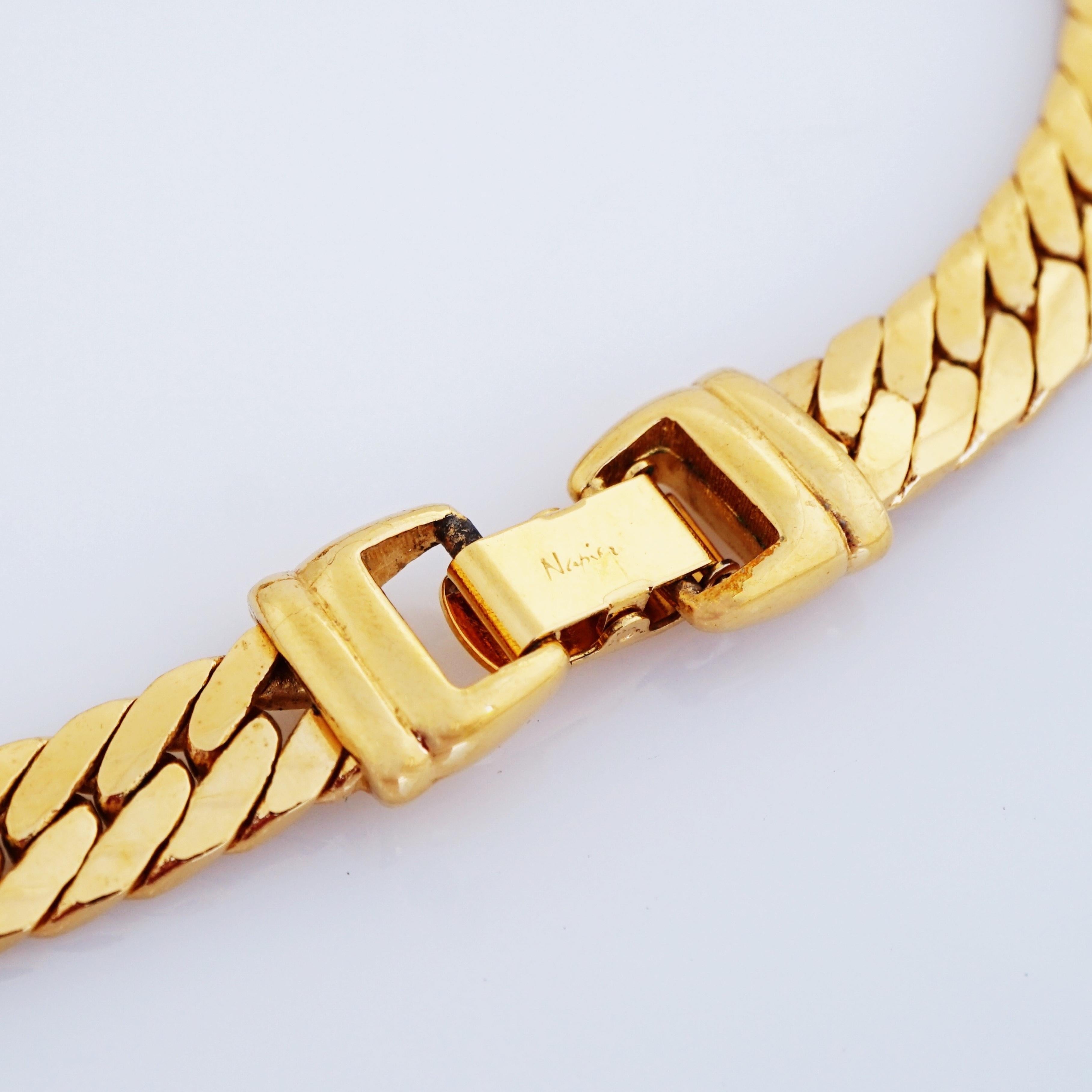 Women's Flat Gold Chain Choker Necklace With Black Resin Cabochon By Napier, 1980s