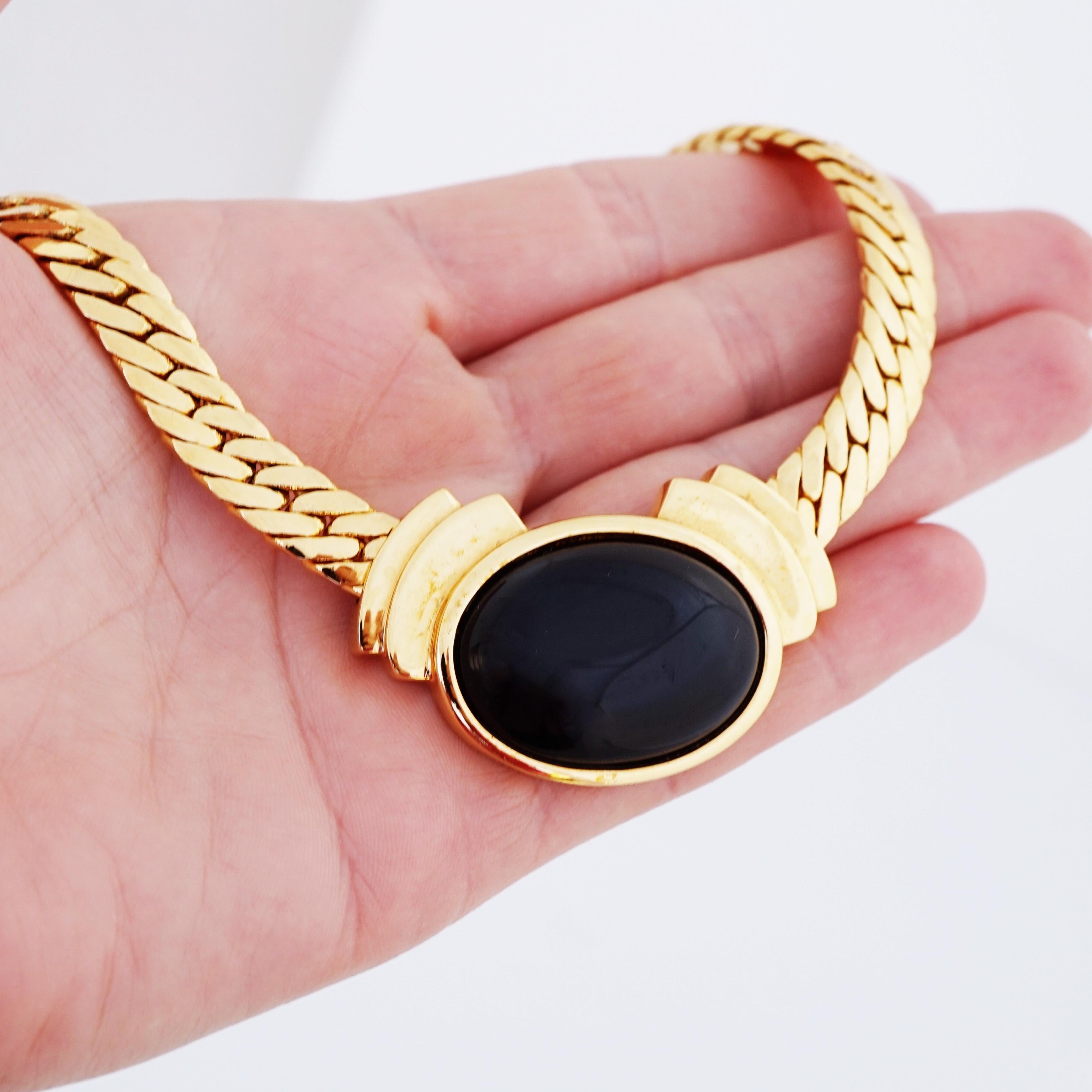 Flat Gold Chain Choker Necklace With Black Resin Cabochon By Napier, 1980s 1