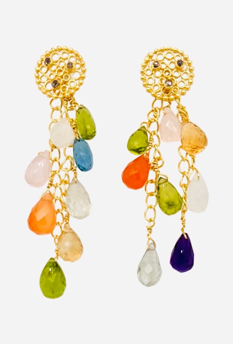 18ct gold plated silver flat lattice stud earrings with cinnamon diamond accents and removable and multi length cascades of mixed briolette drops. Earrings inspired bt the colours and architecture on India.

