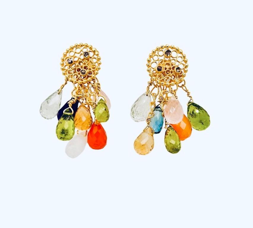 Contemporary Flat Jali Mosaic Stud Cascade Earrings - 18ct gold plated silver and diamond