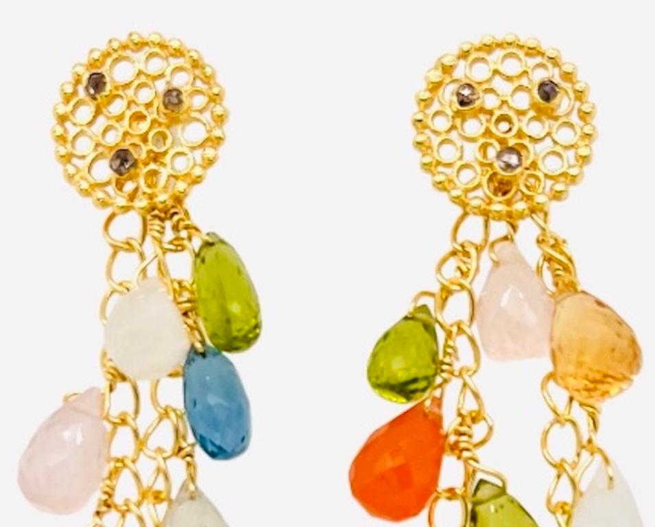 Brilliant Cut Flat Jali Mosaic Stud Cascade Earrings - 18ct gold plated silver and diamond