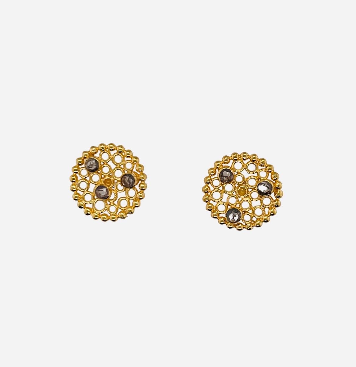 Flat Jali Mosaic Stud Cascade Earrings - 18ct gold plated silver and diamond In New Condition In London, GB