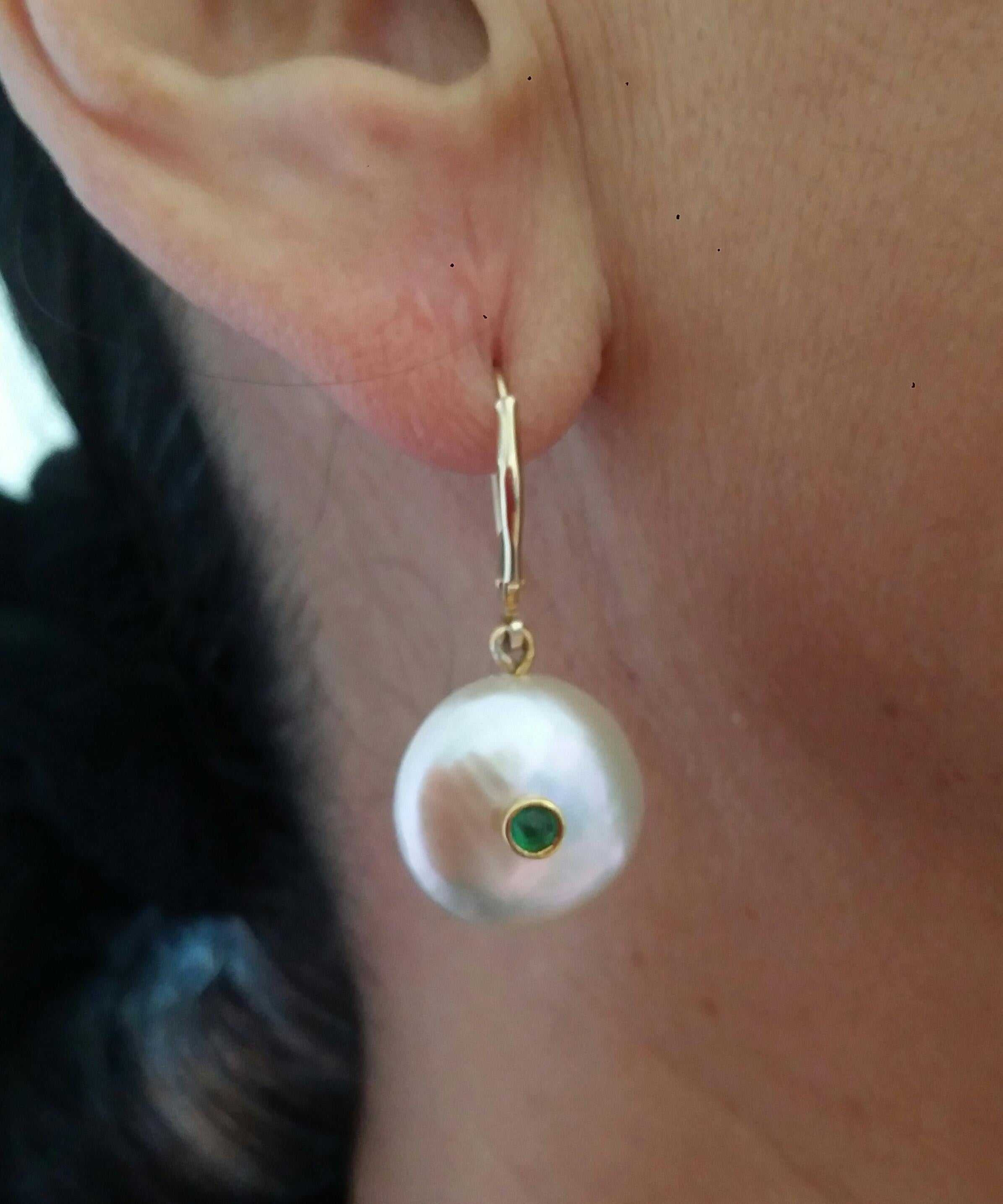Arts and Crafts Flat Round Fresh Water Pearls Emerald Cab 14 Karat Yellow Gold Dangle Earrings For Sale