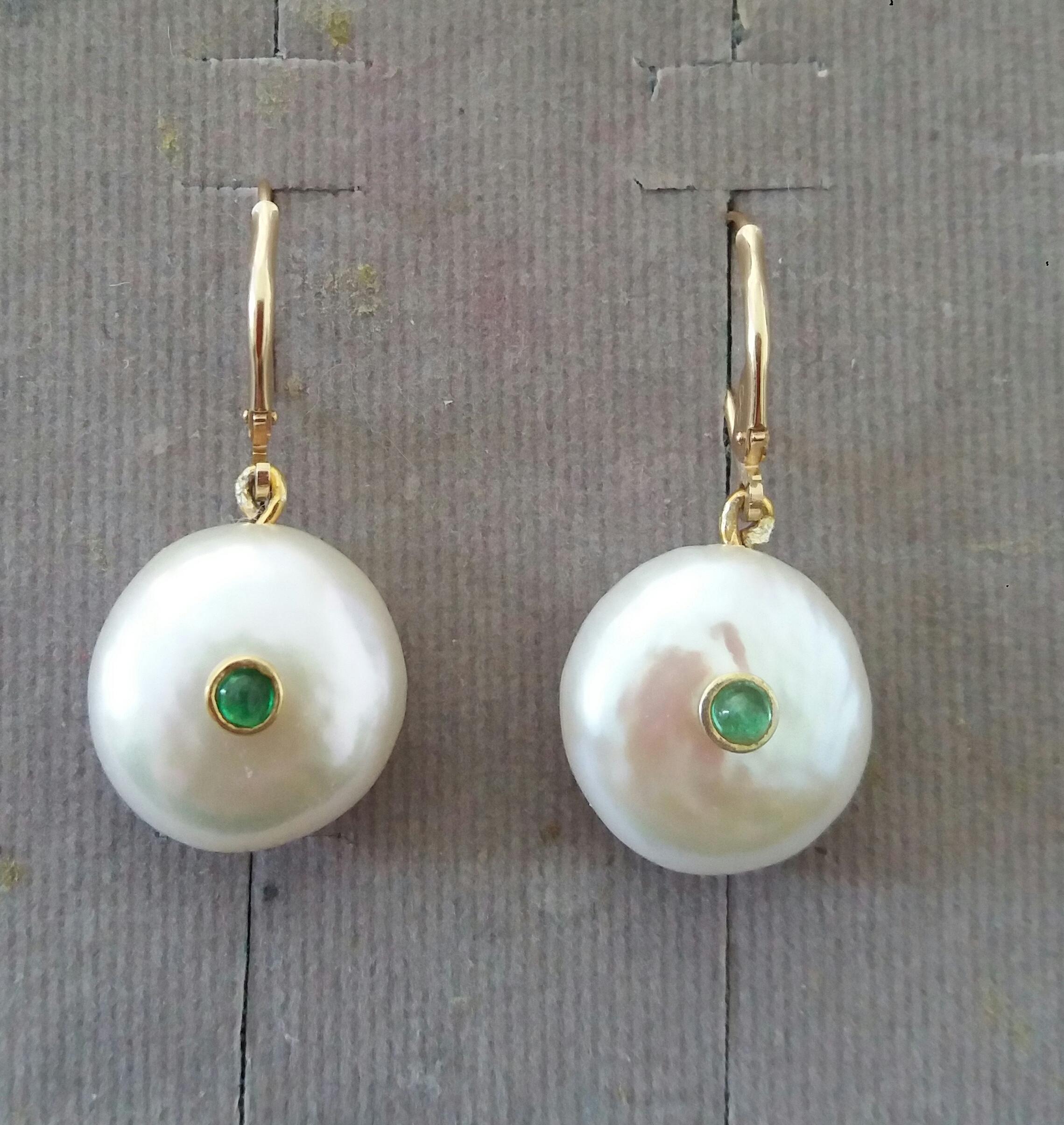 Mixed Cut Flat Round Fresh Water Pearls Emerald Cab 14 Karat Yellow Gold Dangle Earrings For Sale