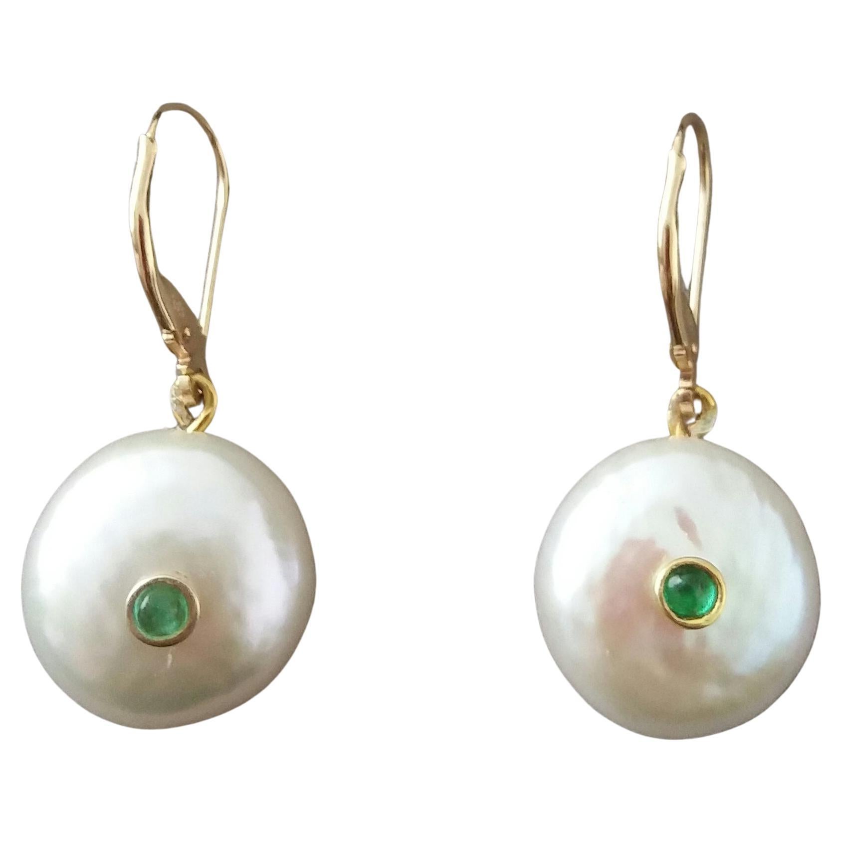 Flat Round Fresh Water Pearls Emerald Cab 14 Karat Yellow Gold Dangle Earrings For Sale