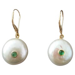 Flat Round Fresh Water Pearls Emerald Cab 14 Karat Yellow Gold Dangle Earrings