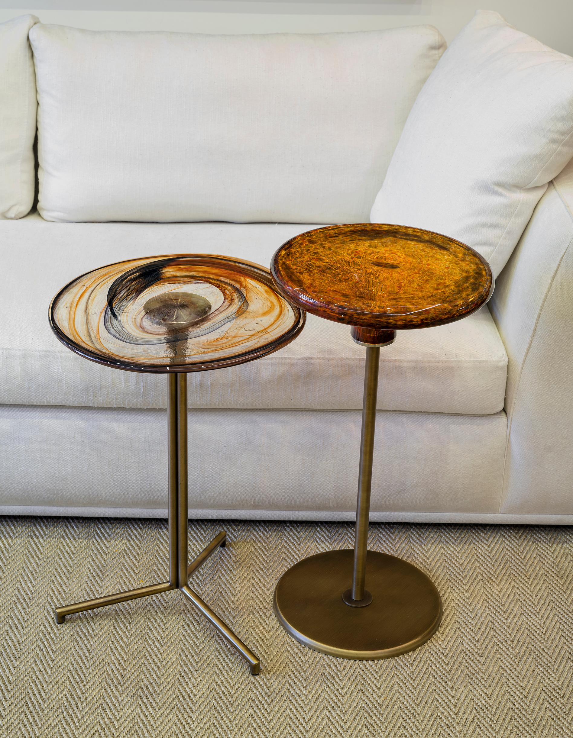 Modern Glass Side Table, Titanium Plated Metal Base For Sale