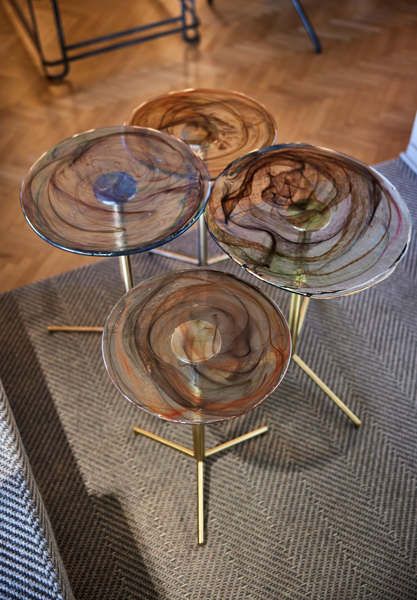 Glass Side Table, Titanium Plated Metal Base For Sale 1