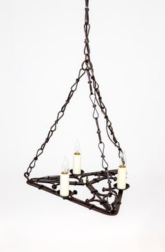 Flat Triangular Wrought Iron Gothic Revival 3-Light Chandelier