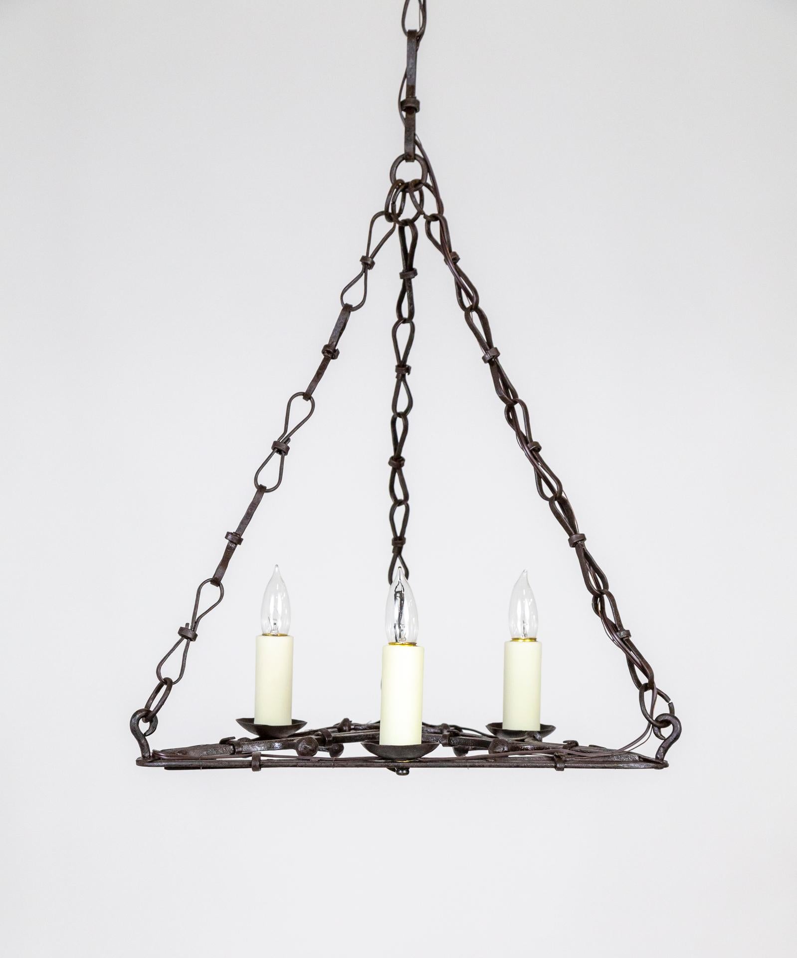 20th Century Flat Triangular Wrought Iron Gothic Revival 3-Light Chandelier For Sale