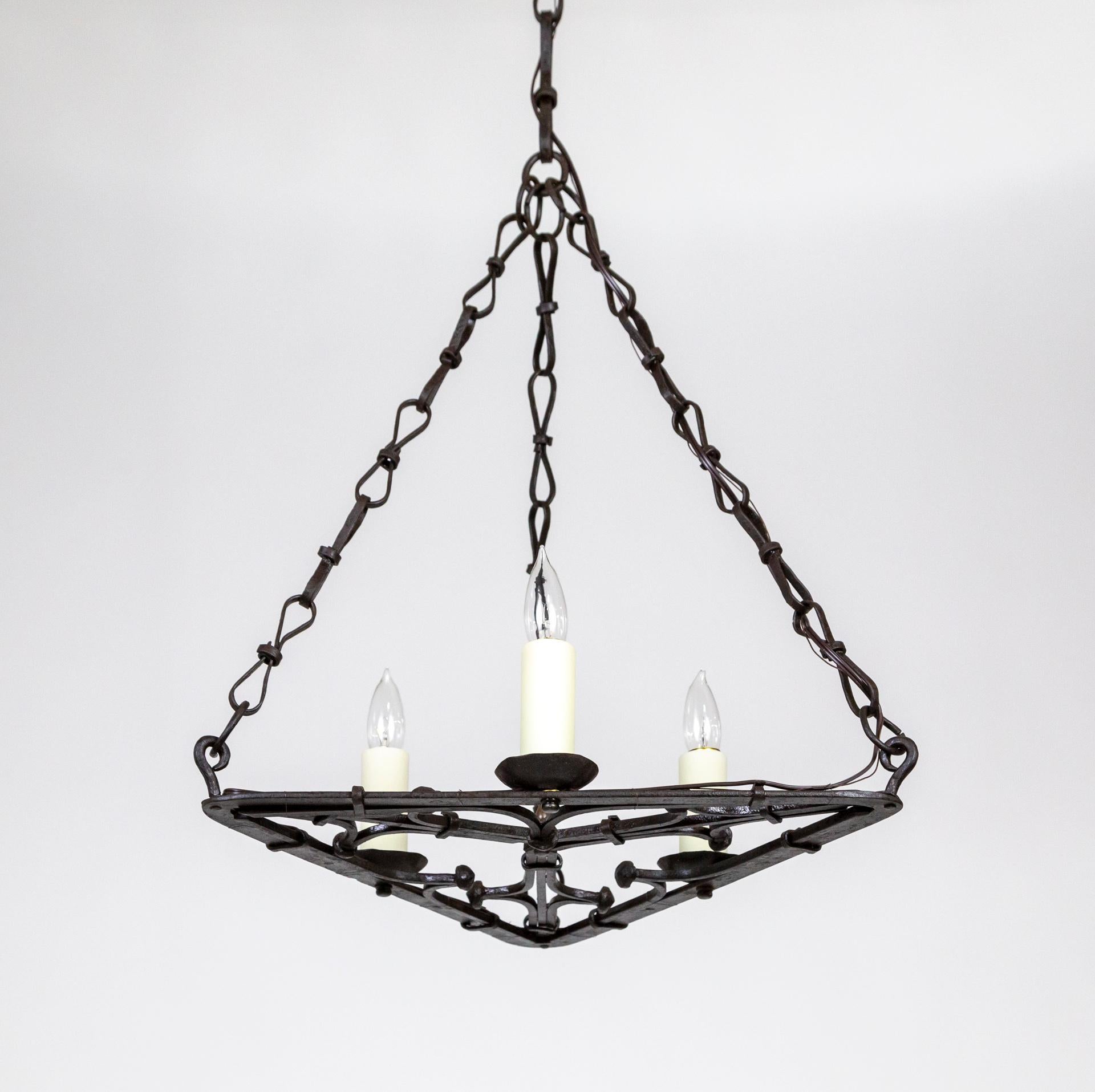 Flat Triangular Wrought Iron Gothic Revival 3-Light Chandelier For Sale 3