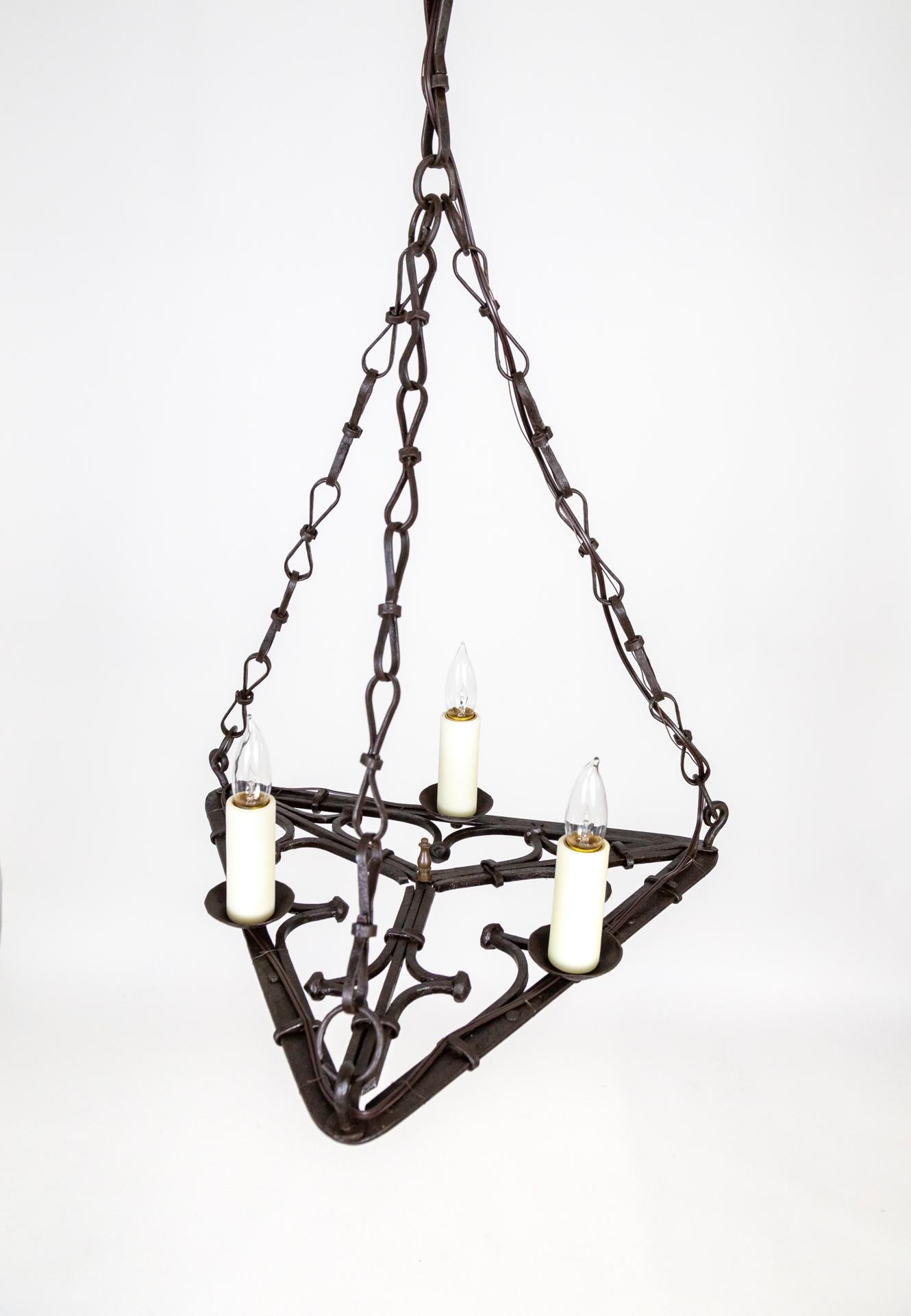 Flat Triangular Wrought Iron Gothic Revival 3-Light Chandelier For Sale 5