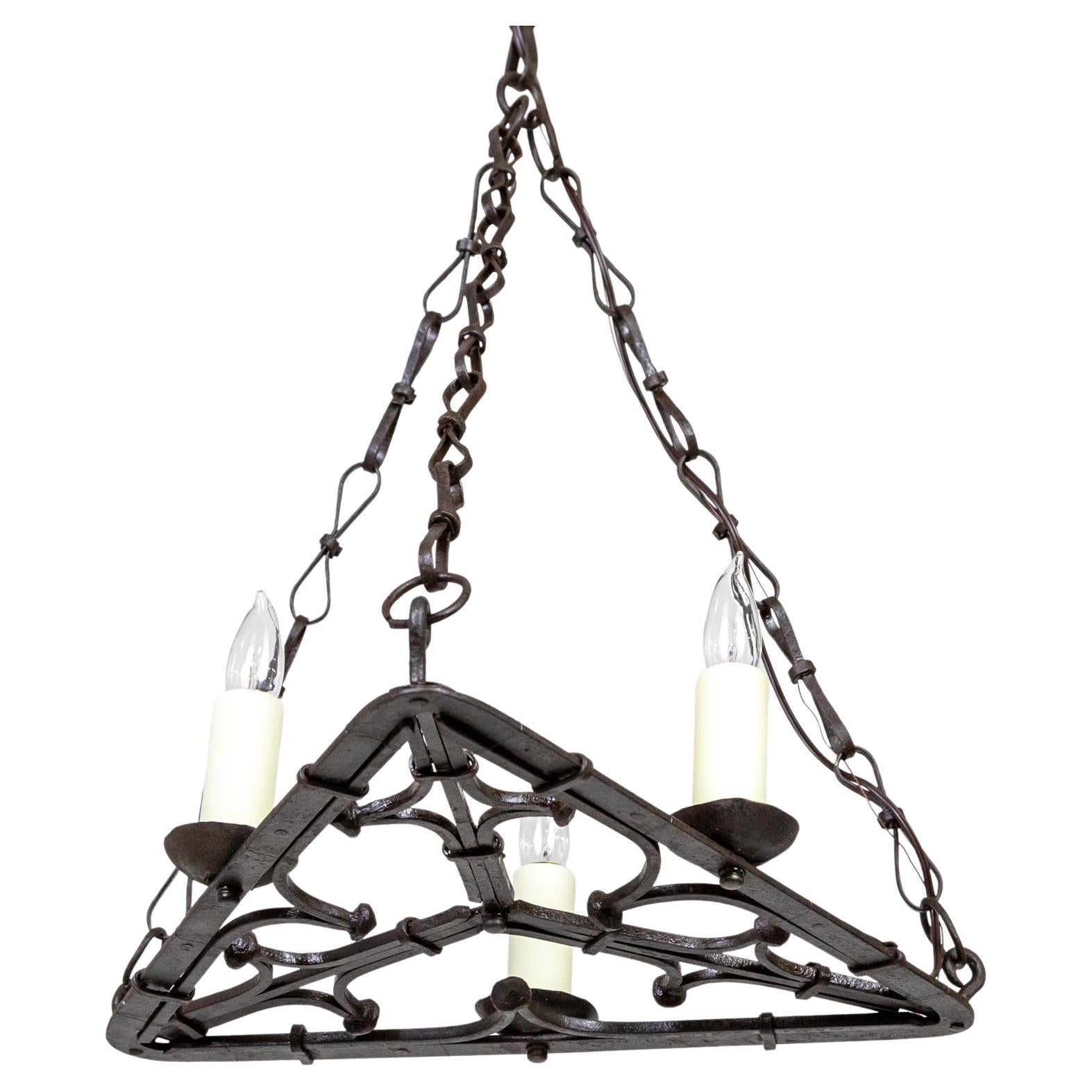 Flat Triangular Wrought Iron Gothic Revival 3-Light Chandelier For Sale