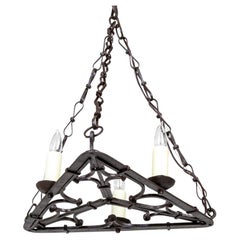 Antique Flat Triangular Wrought Iron Gothic Revival 3-Light Chandelier