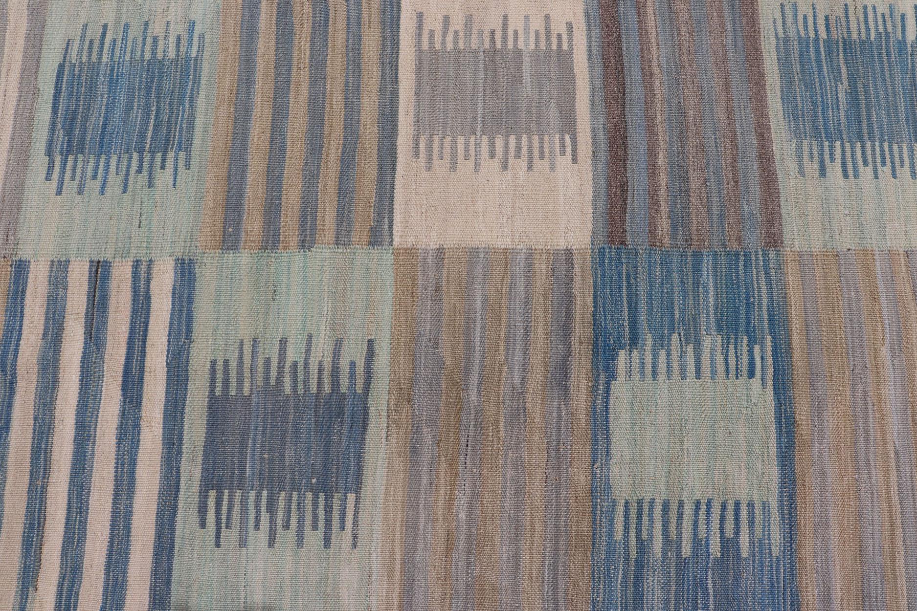 Flat-Weave Afghan Kilim Rug with Modern Design in Blues, Taupe, and Cream For Sale 3
