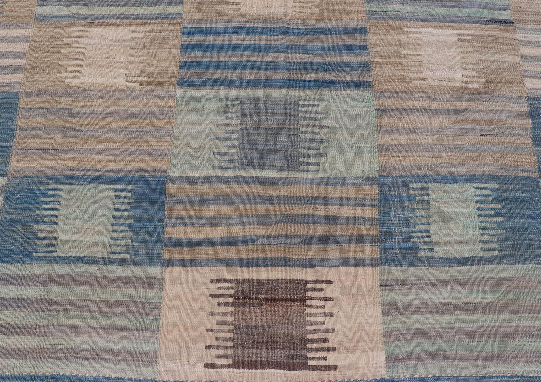 Flat-Weave Afghan Kilim Rug with Modern Design in Blues, Taupe, and Cream For Sale 4