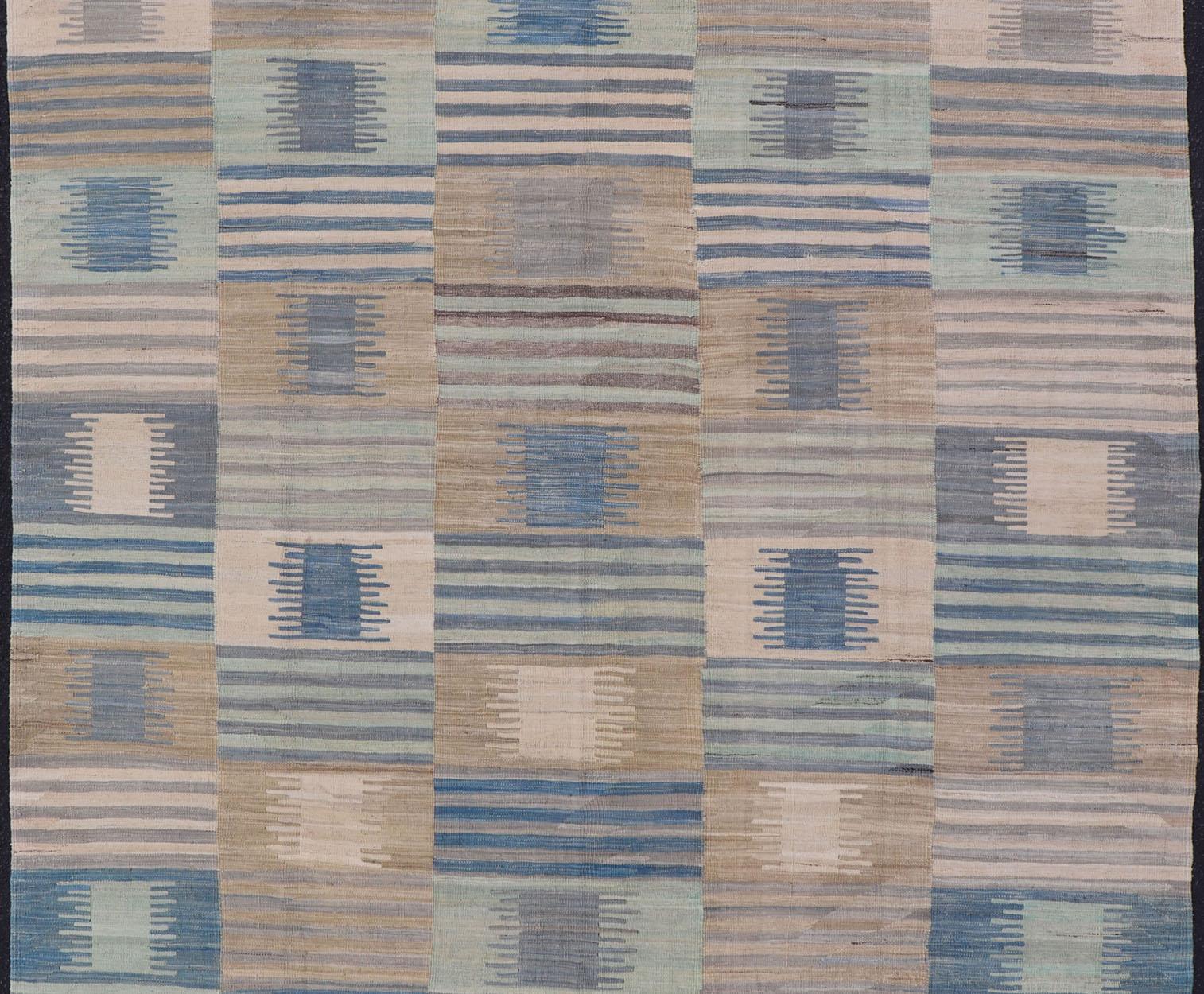 Hand-Woven Flat-Weave Afghan Kilim Rug with Modern Design in Blues, Taupe, and Cream For Sale