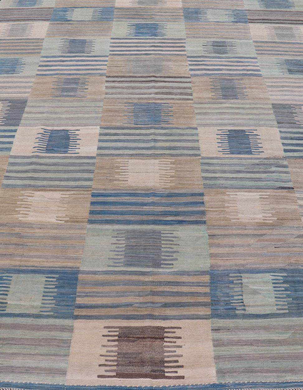 Contemporary Flat-Weave Afghan Kilim Rug with Modern Design in Blues, Taupe, and Cream For Sale