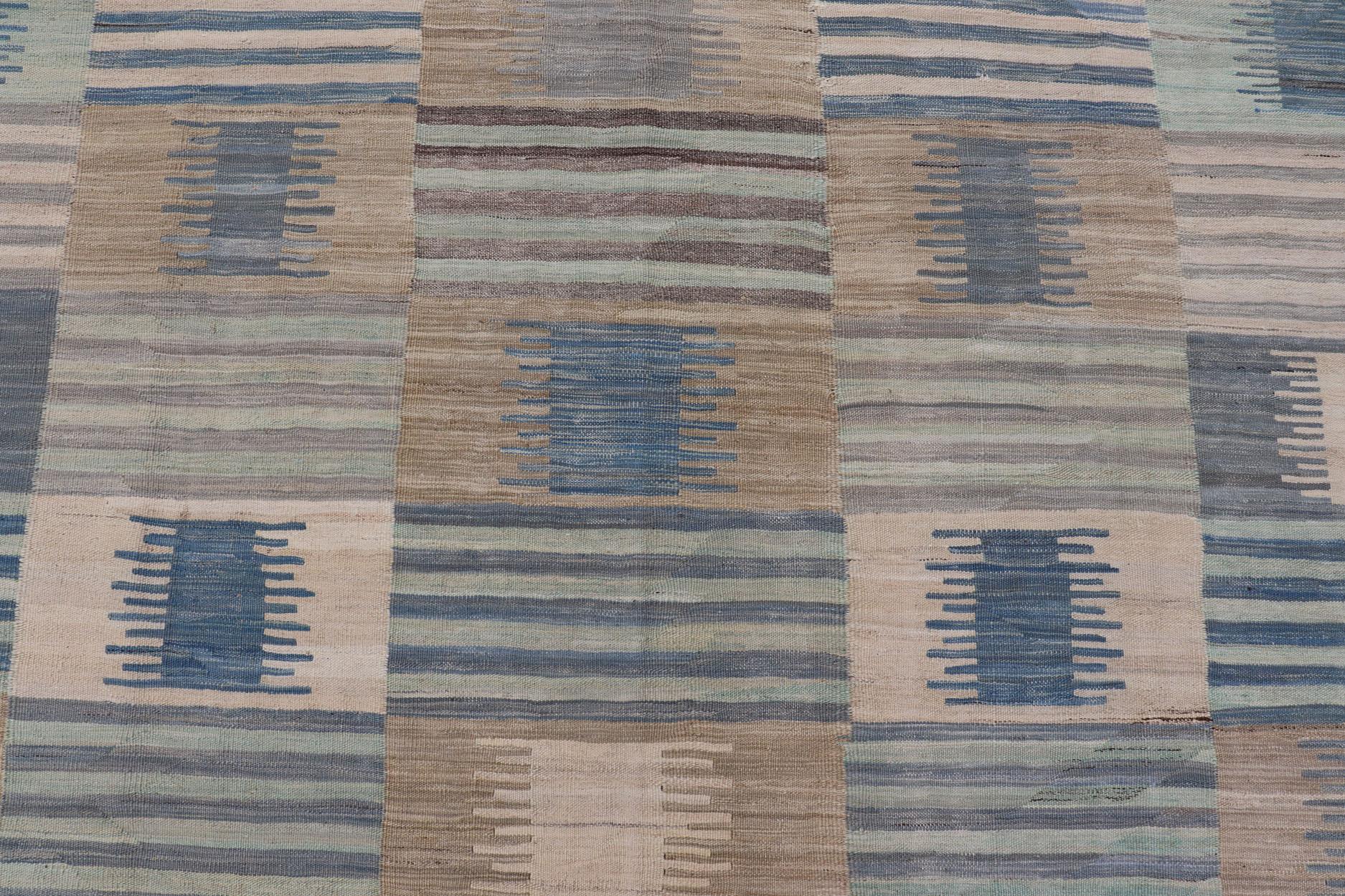 Flat-Weave Afghan Kilim Rug with Modern Design in Blues, Taupe, and Cream For Sale 2