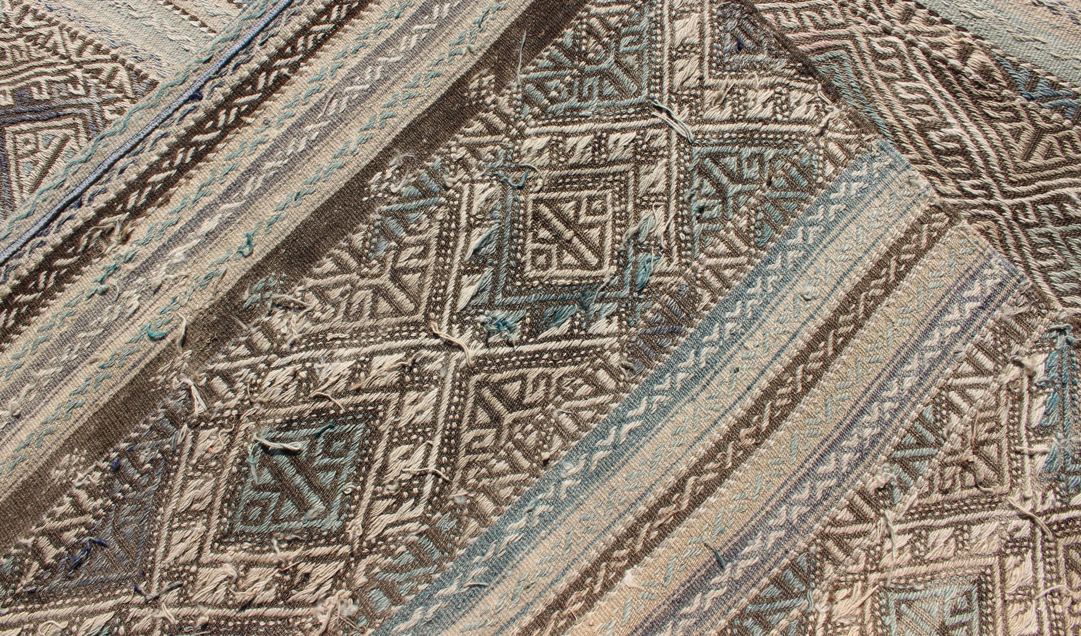 Flat-Weave Embroideries Kilim in Taupe, Green, Teal, Blue and Brown For Sale 3