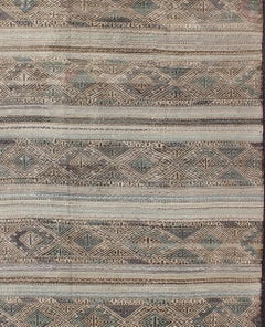 Flat-Weave Embroideries Kilim in Taupe, Green, Teal, Blue and Brown
