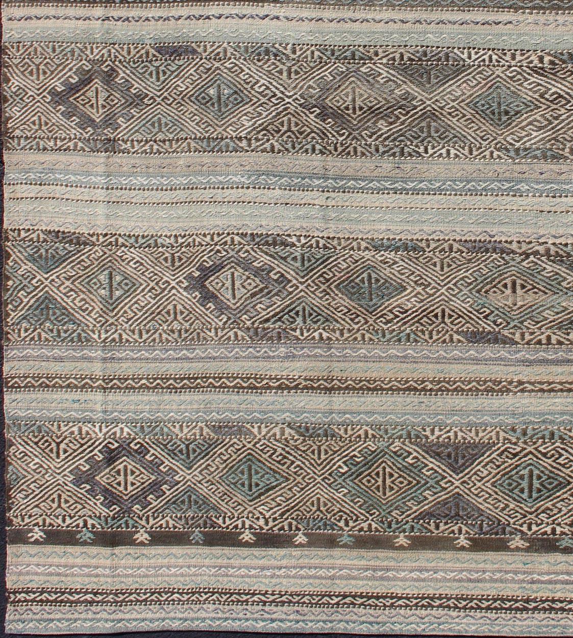 Turkish Flat-Weave Embroideries Kilim in Taupe, Green, Teal, Blue and Brown For Sale