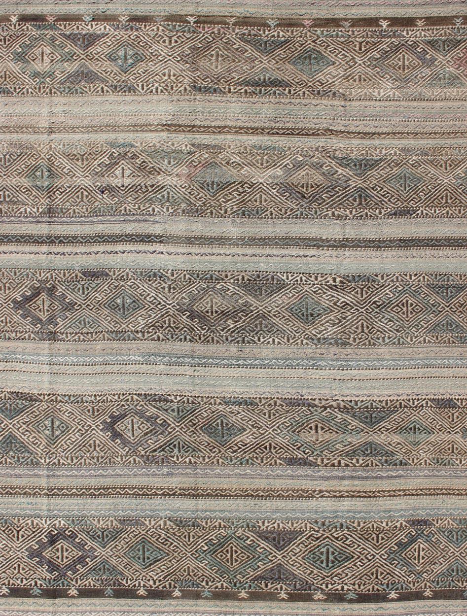 Hand-Woven Flat-Weave Embroideries Kilim in Taupe, Green, Teal, Blue and Brown For Sale