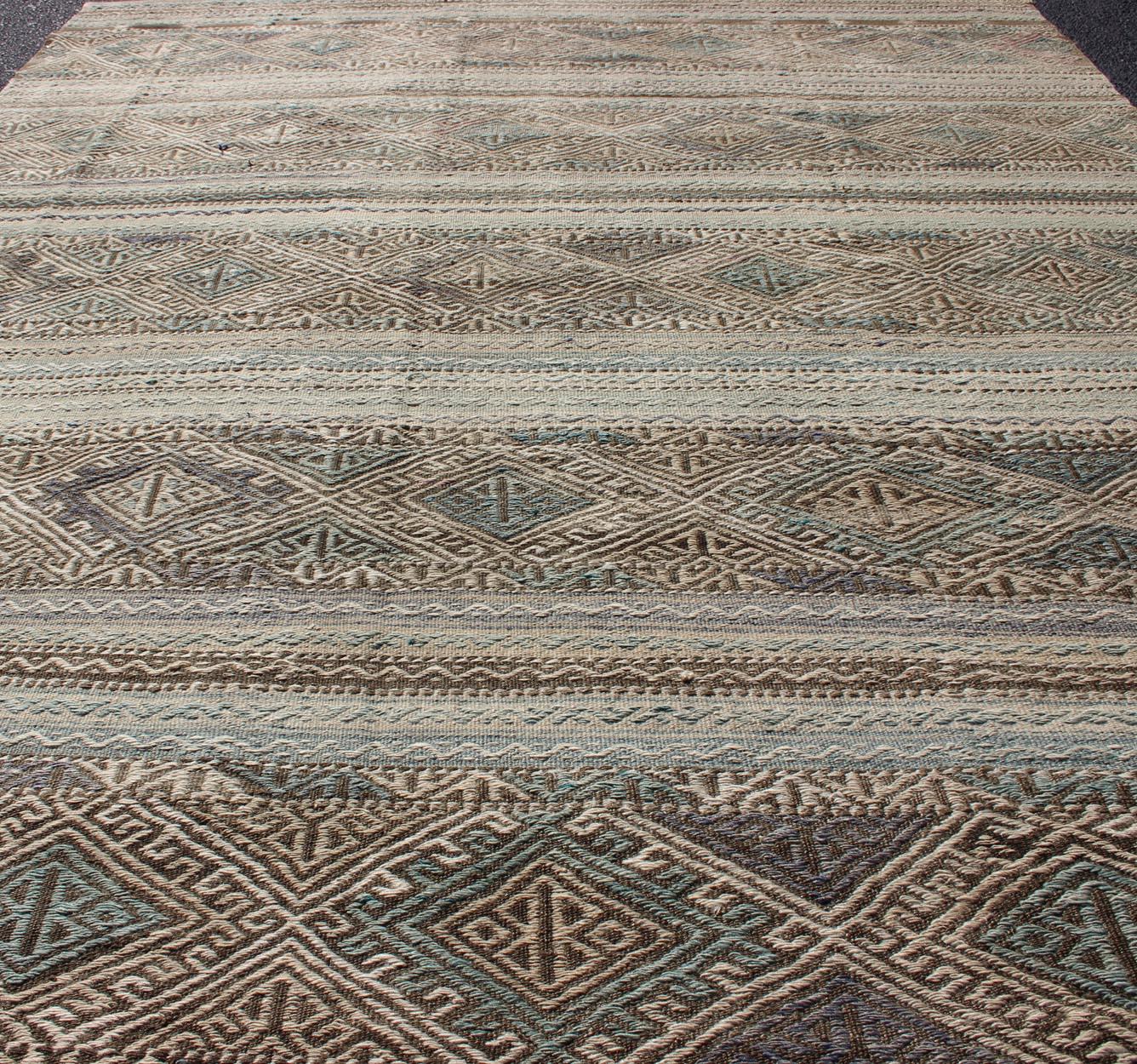 20th Century Flat-Weave Embroideries Kilim in Taupe, Green, Teal, Blue and Brown For Sale