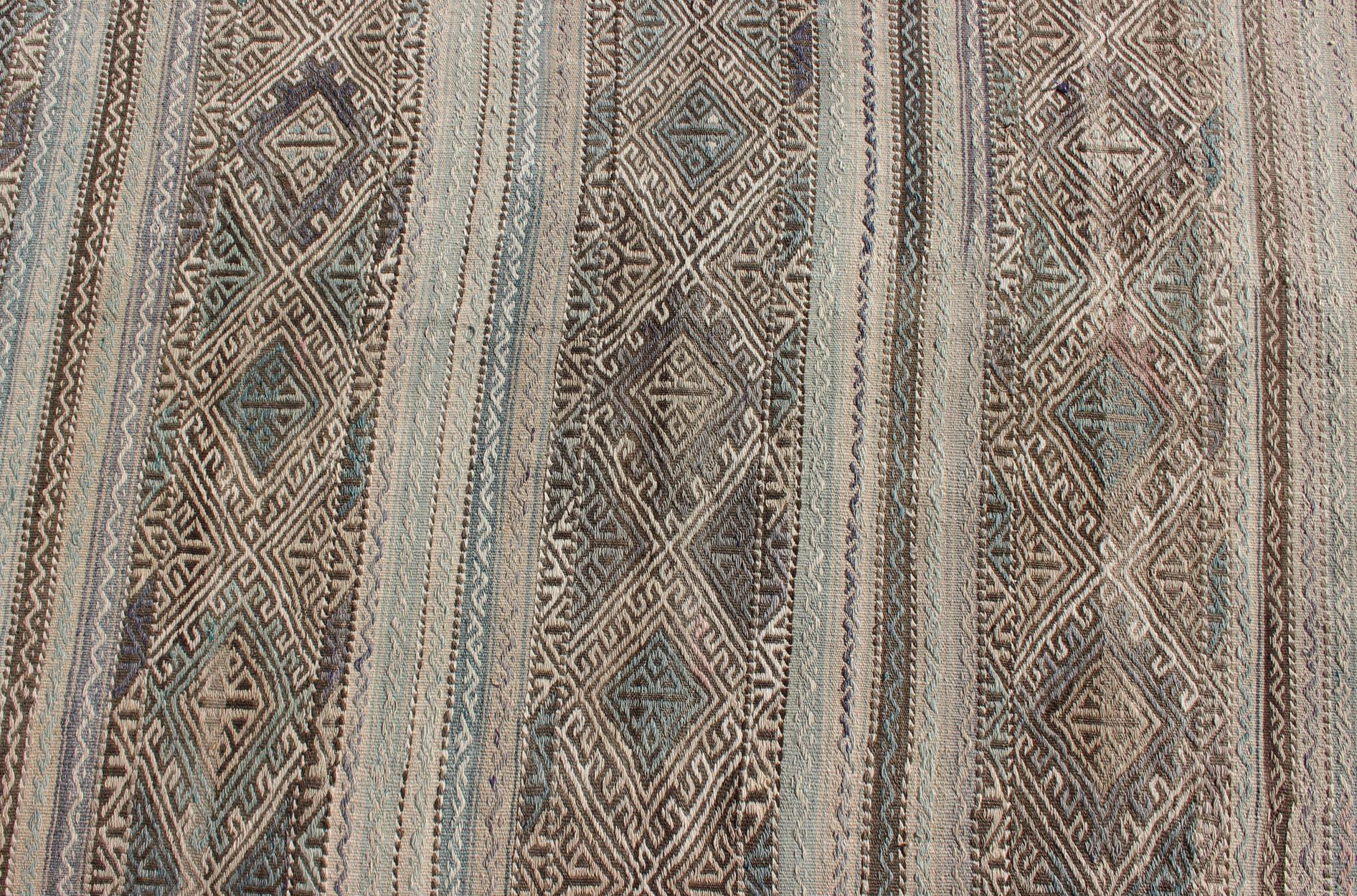 Wool Flat-Weave Embroideries Kilim in Taupe, Green, Teal, Blue and Brown For Sale