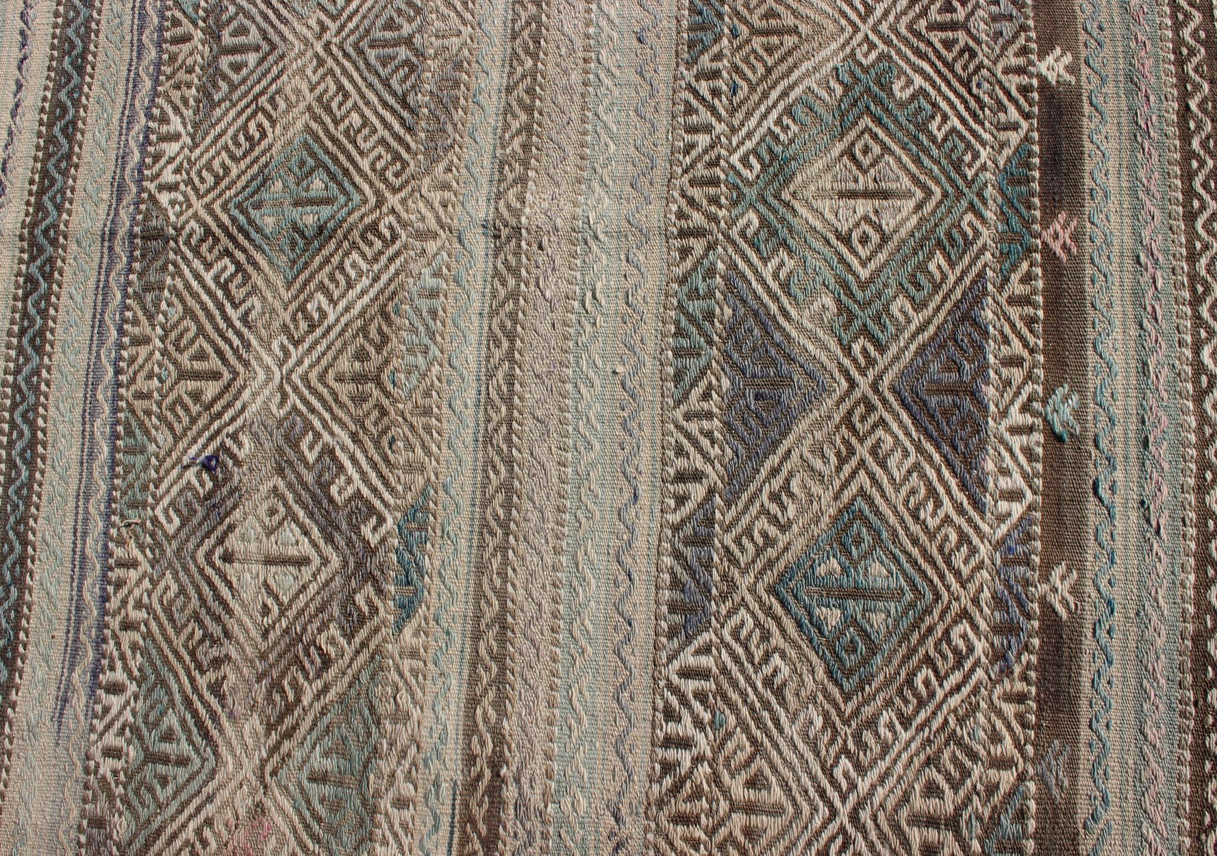 Flat-Weave Embroideries Kilim in Taupe, Green, Teal, Blue and Brown For Sale 1
