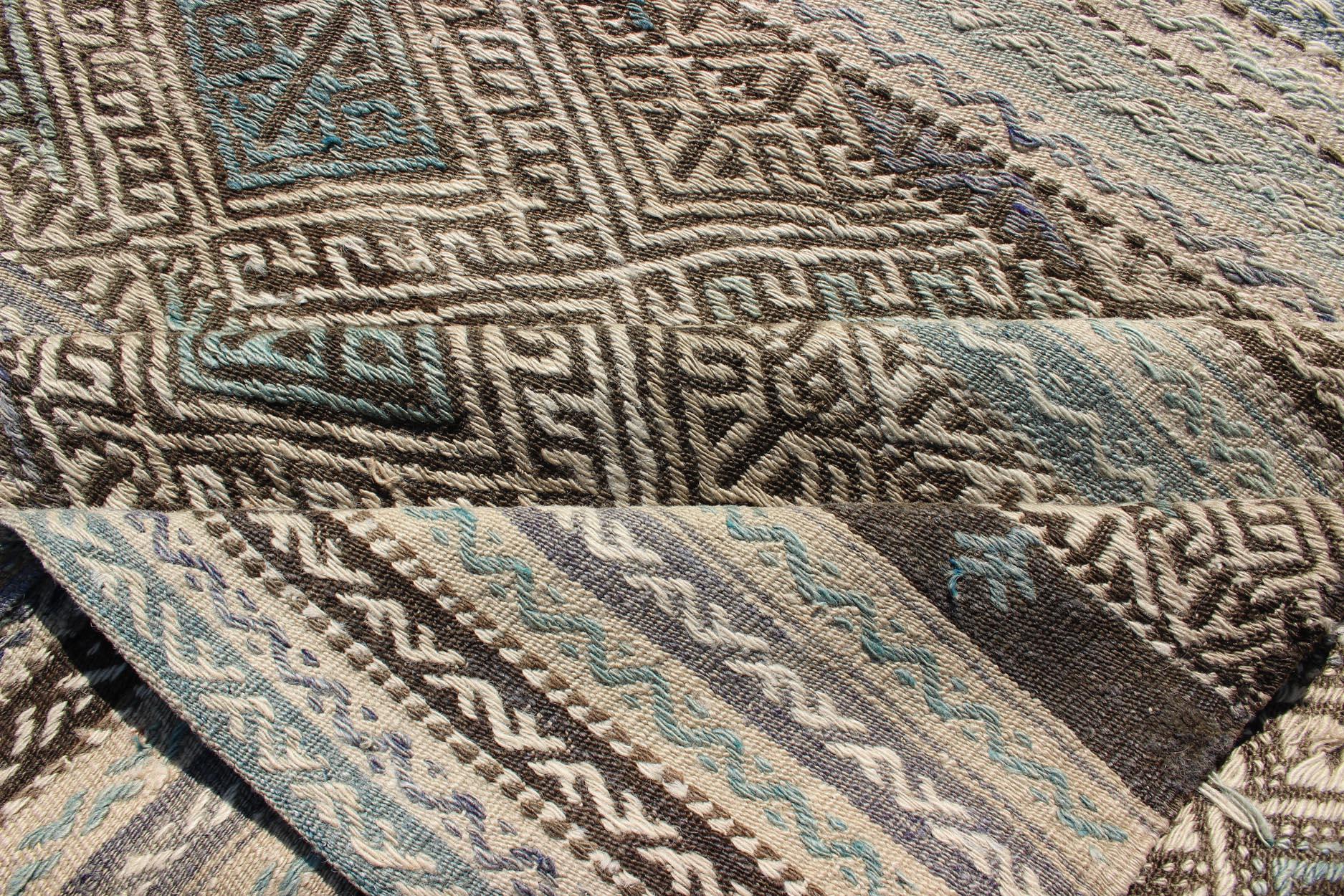 Flat-Weave Embroideries Kilim in Taupe, Green, Teal, Blue and Brown For Sale 2