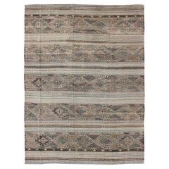 Flat-Weave Embroideries Kilim in Taupe, Green, Teal, Blue and Brown