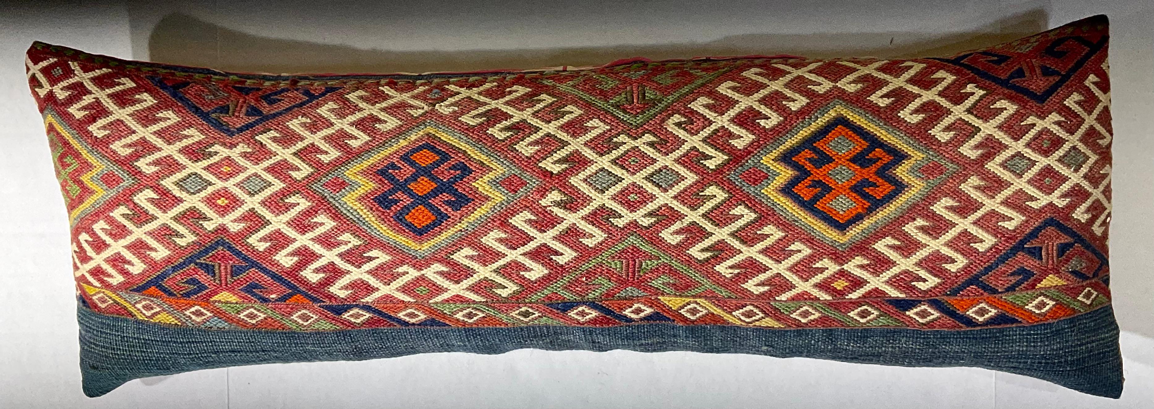 Flat-Weave Geometric Motif Kilim Rug Fragment Pillow For Sale 5