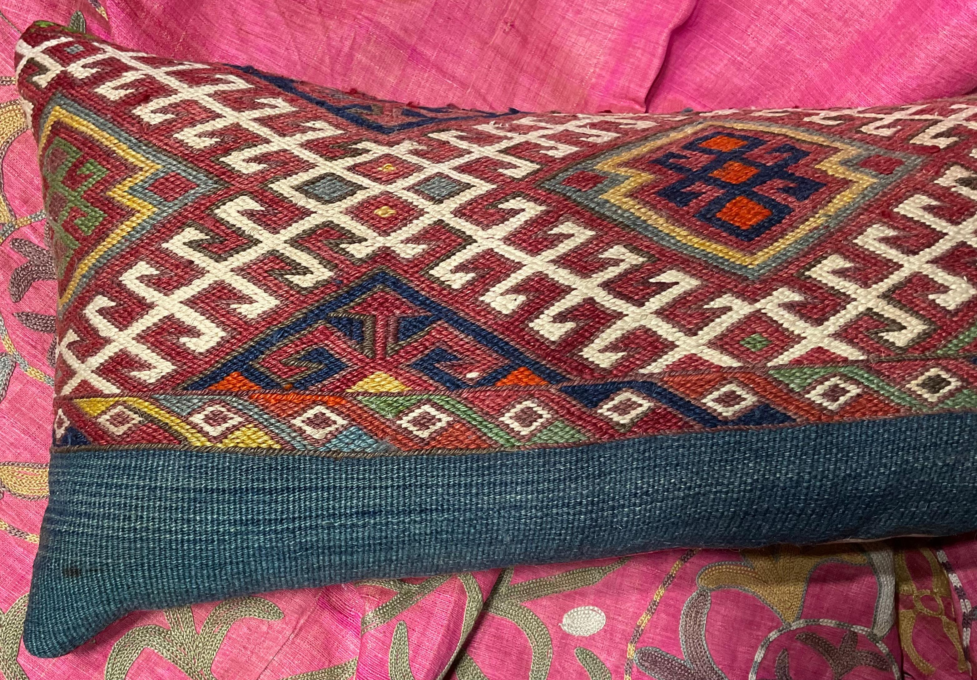 Flat-Weave Geometric Motif Kilim Rug Fragment Pillow For Sale 6