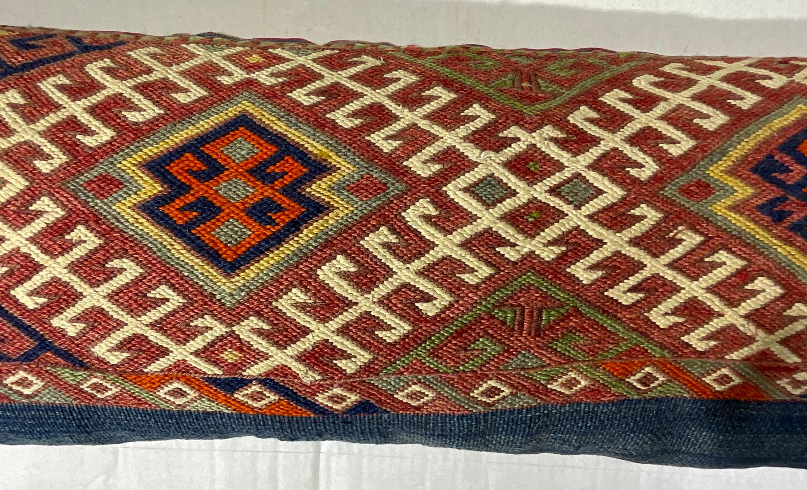 Turkestan Flat-Weave Geometric Motif Kilim Rug Fragment Pillow For Sale