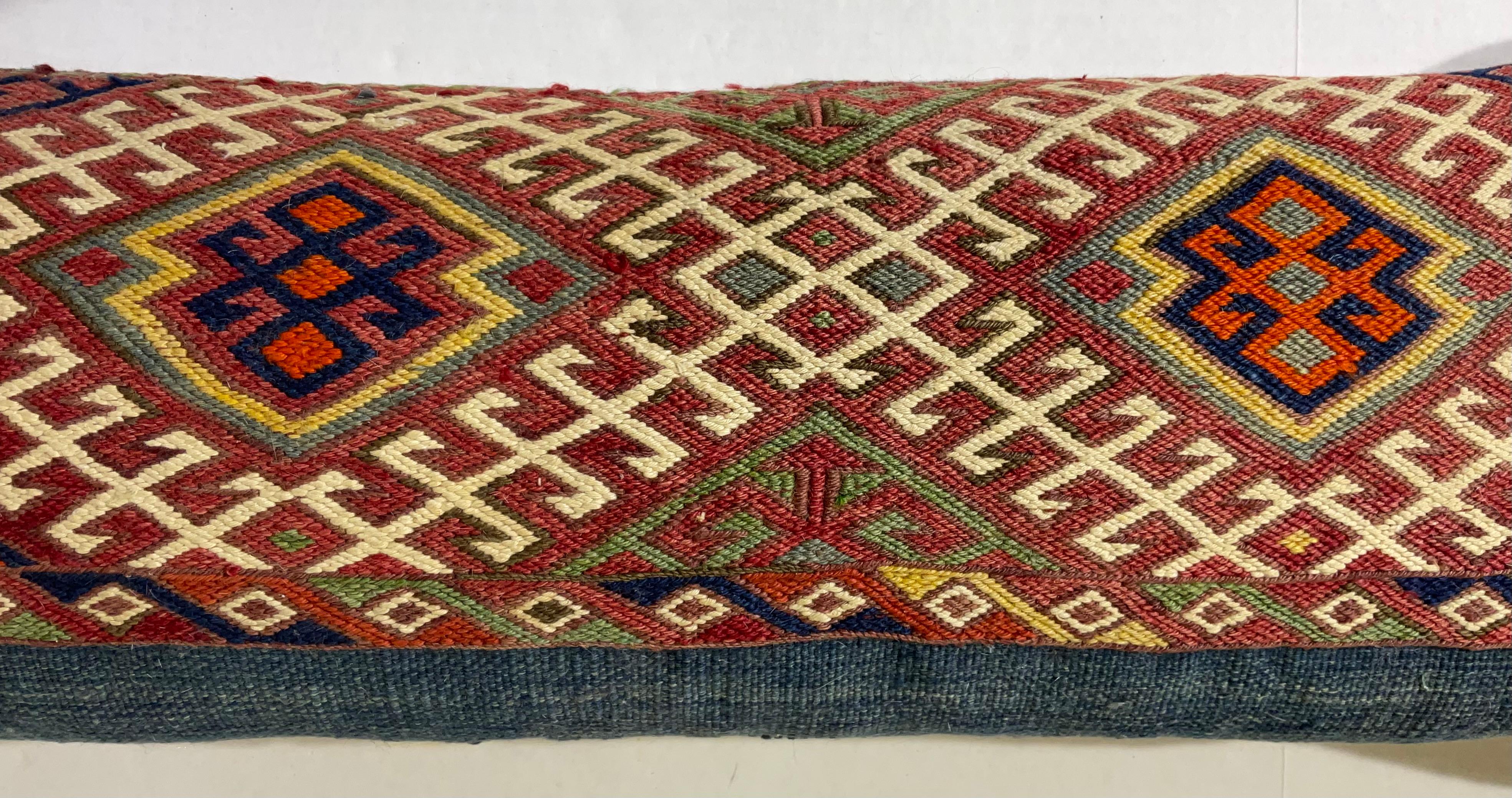 Turkestan Flat-Weave Geometric Motif Kilim Rug Fragment Pillow For Sale