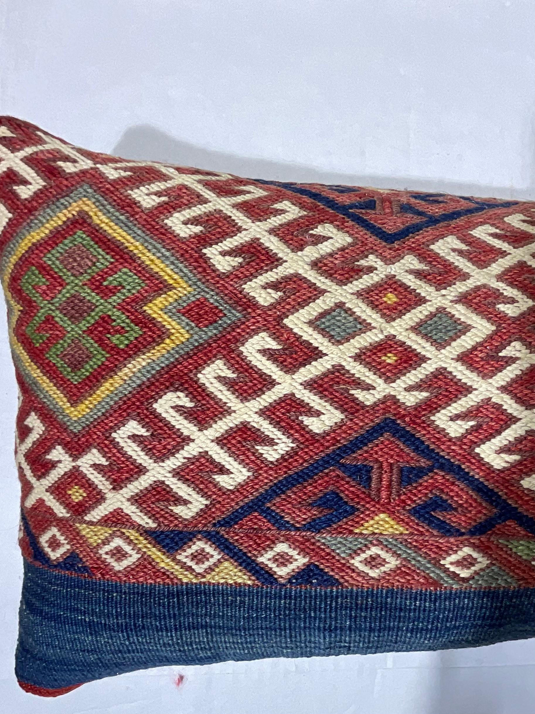 Hand-Knotted Flat-Weave Geometric Motif Kilim Rug Fragment Pillow For Sale
