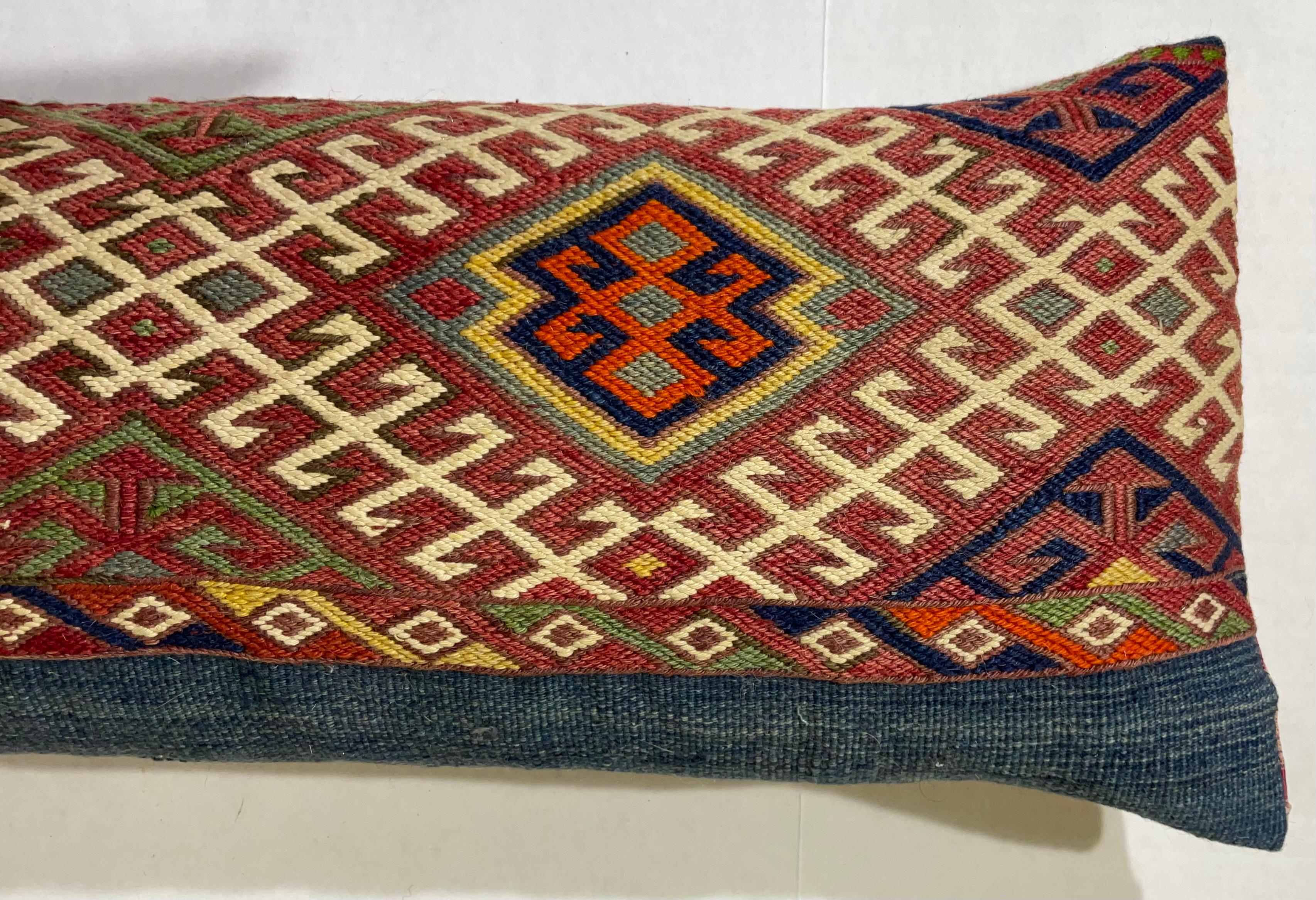 Hand-Knotted Flat-Weave Geometric Motif Kilim Rug Fragment Pillow For Sale