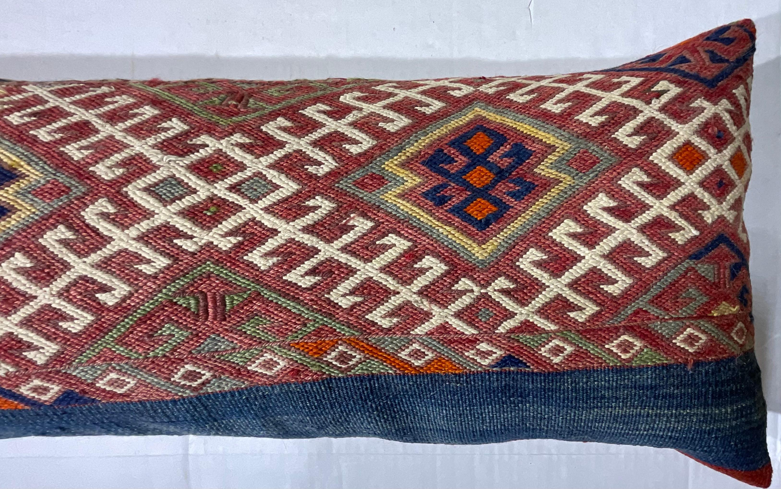 20th Century Flat-Weave Geometric Motif Kilim Rug Fragment Pillow For Sale