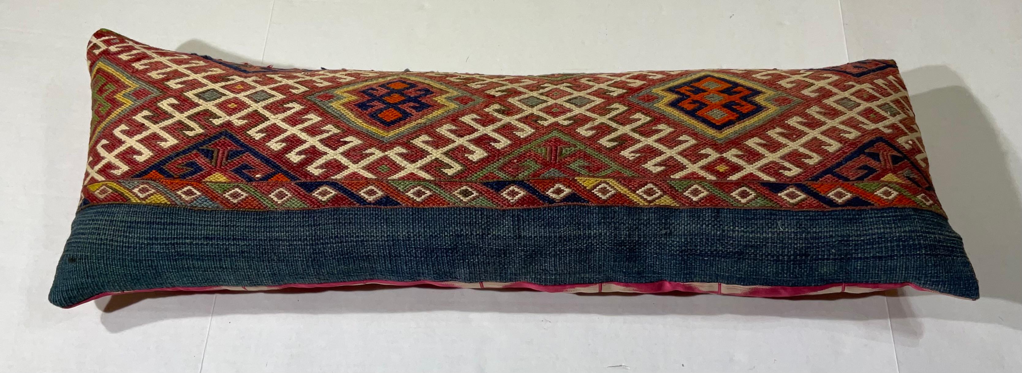 20th Century Flat-Weave Geometric Motif Kilim Rug Fragment Pillow For Sale