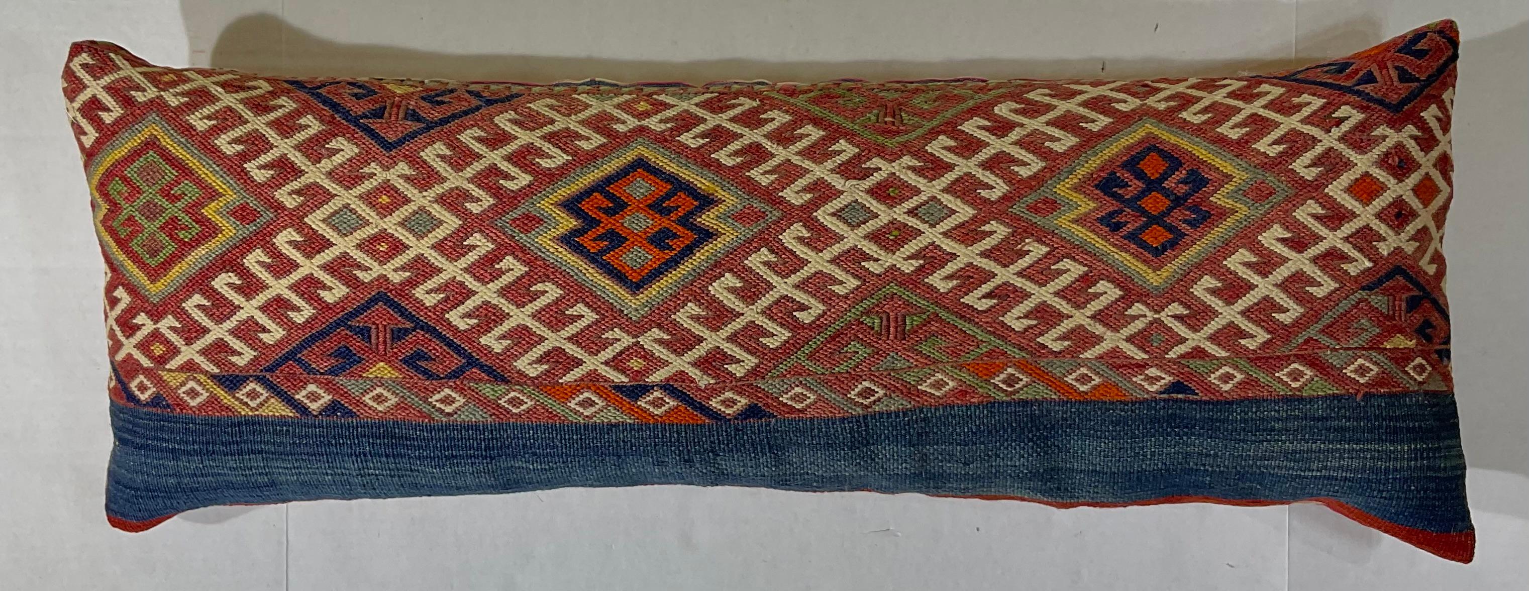 Wool Flat-Weave Geometric Motif Kilim Rug Fragment Pillow For Sale