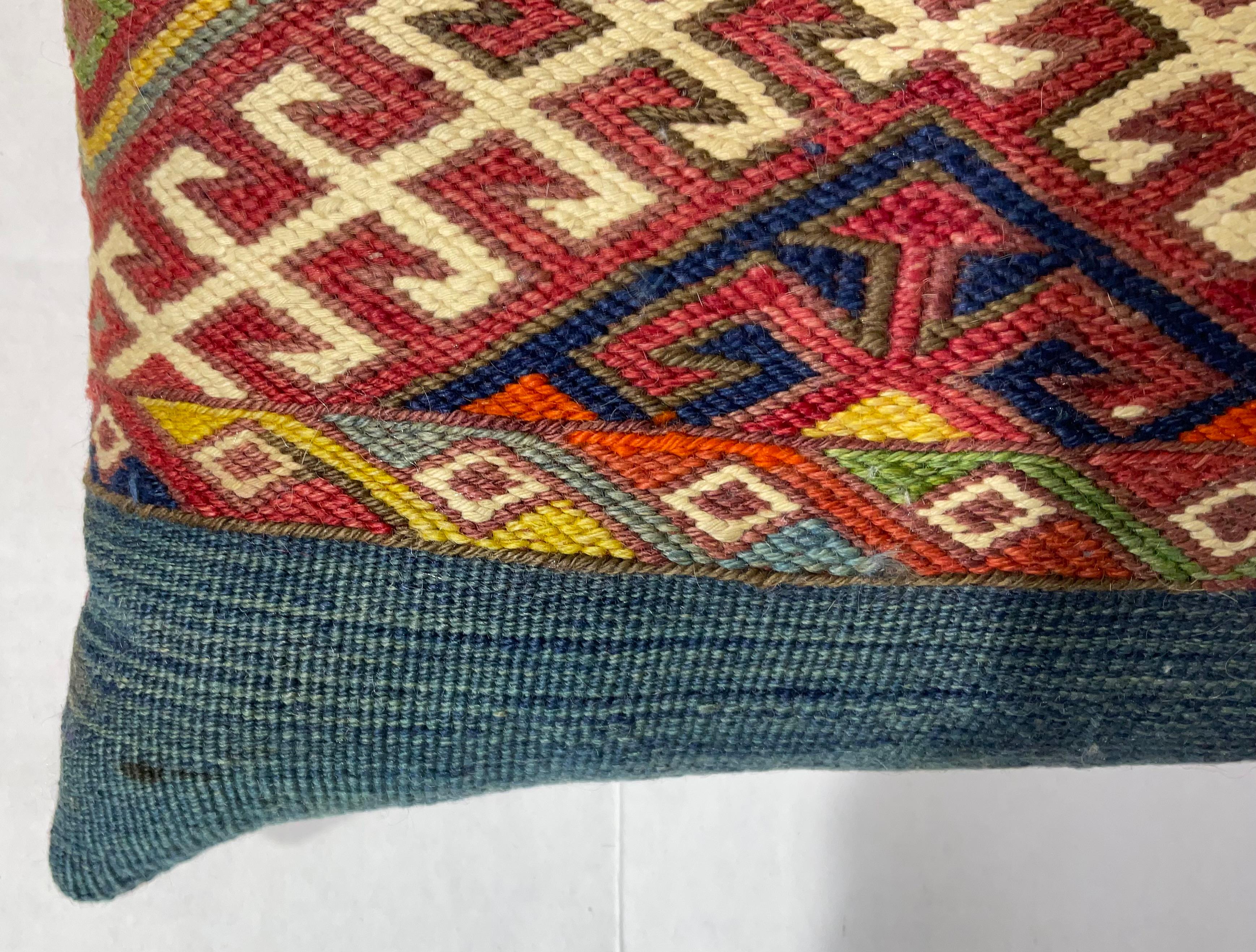 Wool Flat-Weave Geometric Motif Kilim Rug Fragment Pillow For Sale