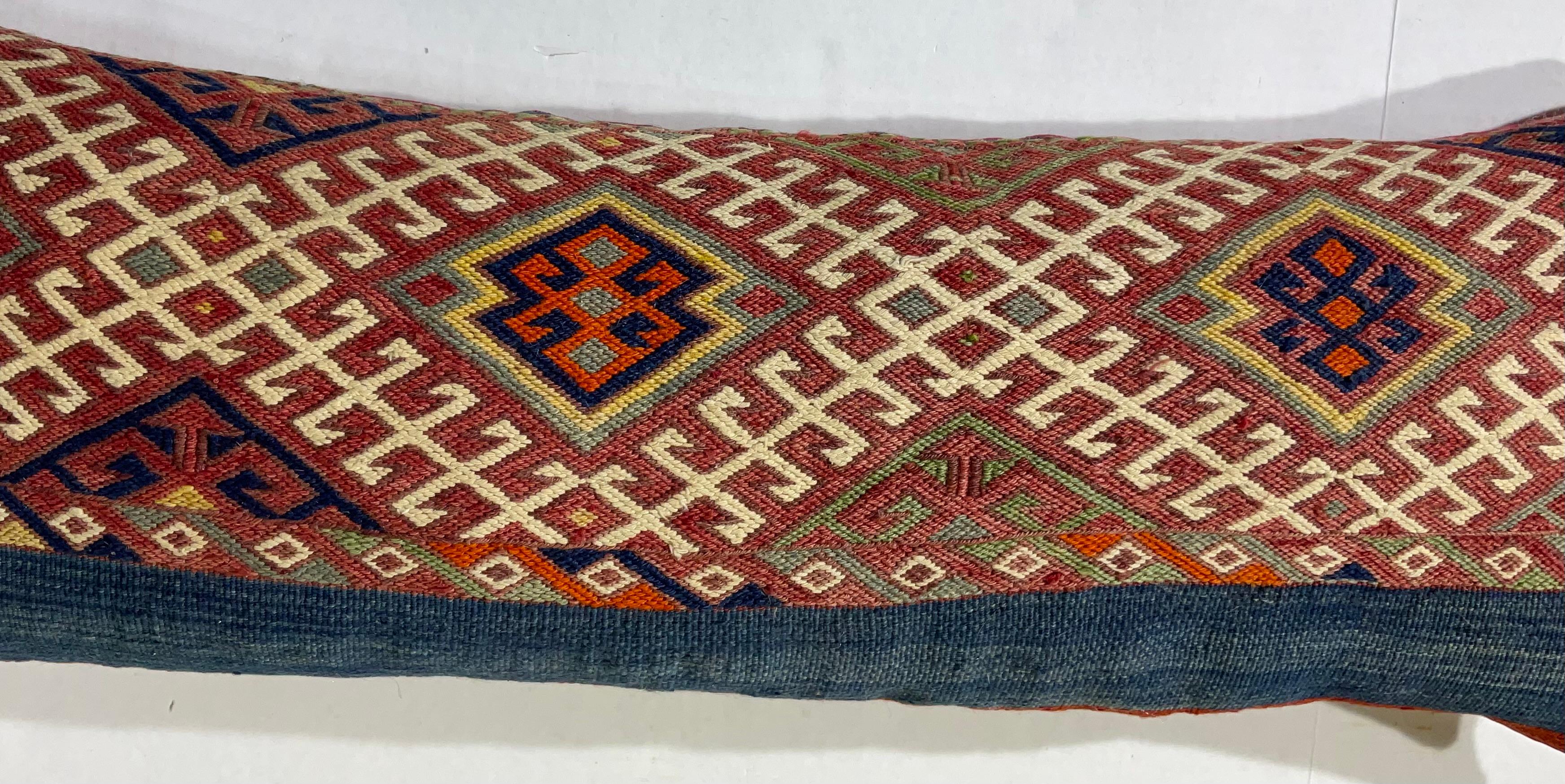 Flat-Weave Geometric Motif Kilim Rug Fragment Pillow For Sale 2