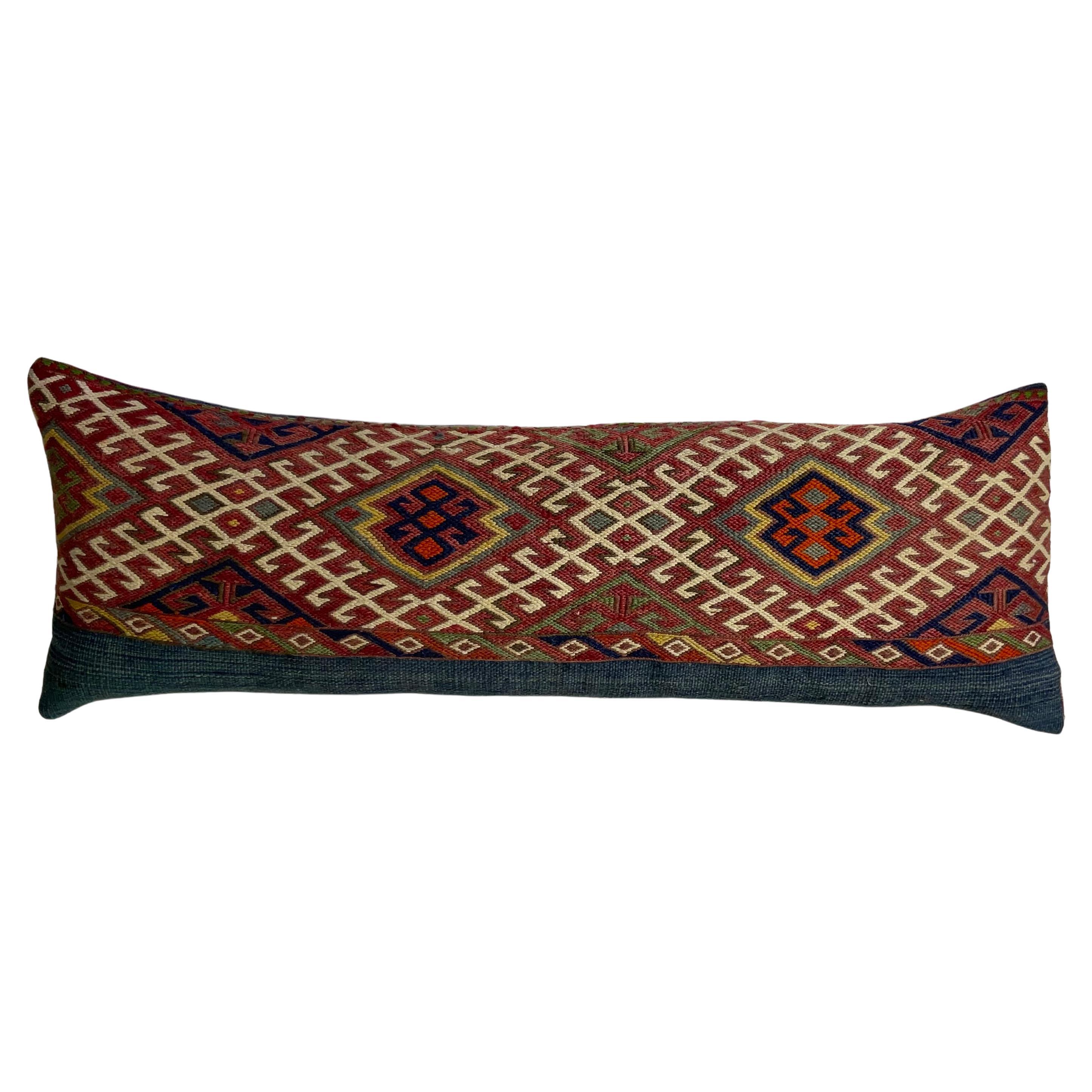 Flat-Weave Geometric Motif Kilim Rug Fragment Pillow For Sale
