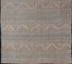 Flat-Weave Hand Woven Embroideries Kilim in Taupe, Blue, Tan, and Brown
