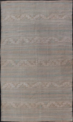 Flat-Weave Hand Woven Embroideries Kilim in Taupe, Blue, Tan, and Brown