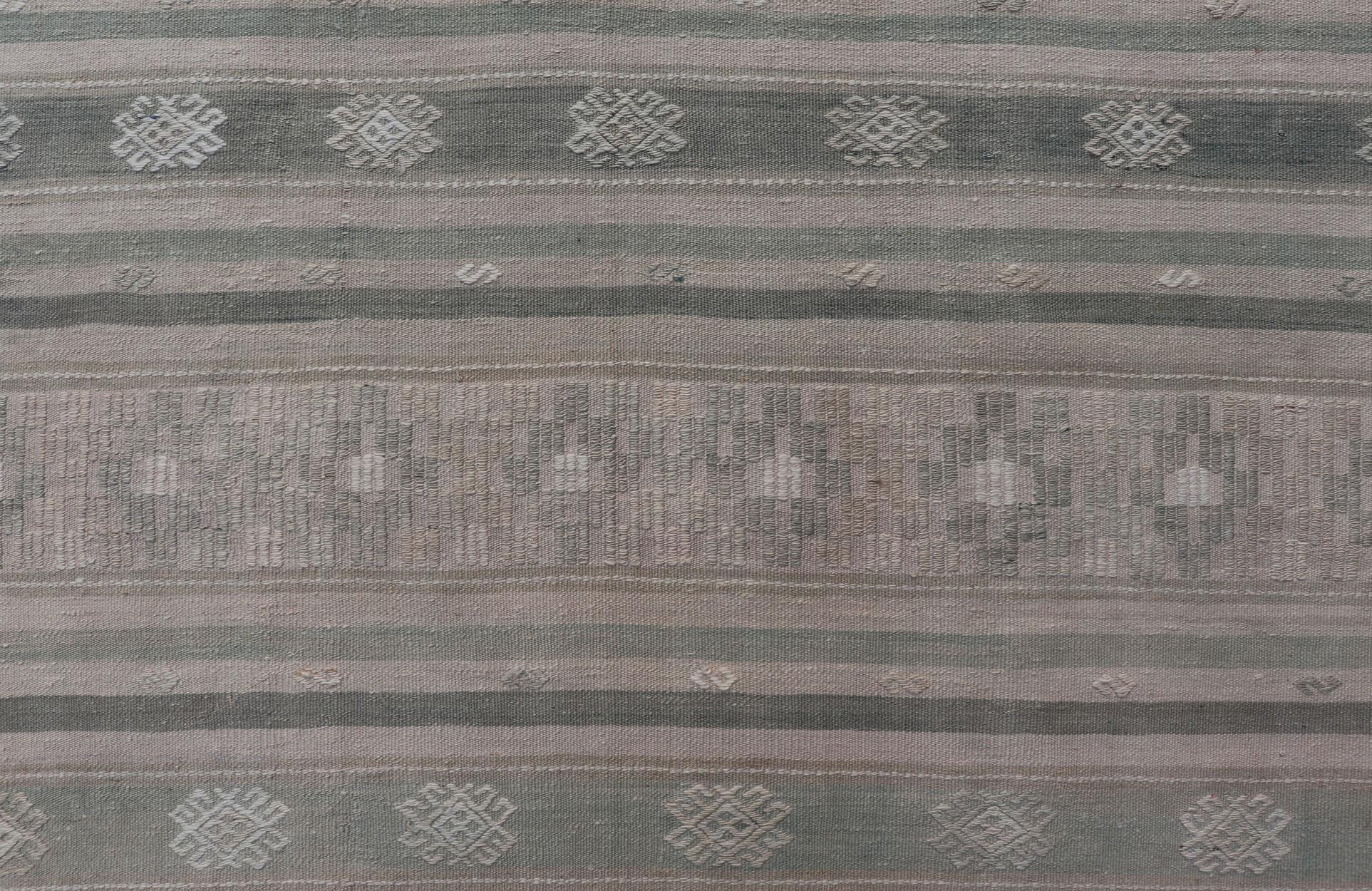 Turkish Flat-Weave Hand Woven Kilim with Embroideries in Taupe, Tan, Blue and Gray For Sale